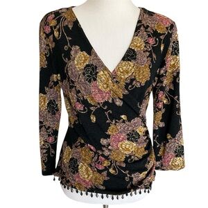 Vintage Floral Surplice V-Neck Top Bead Metallic Accents M